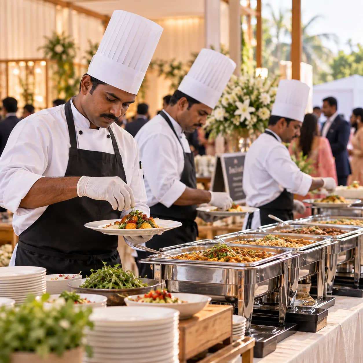 Catering team serving dishes from a buffet counter at an event.