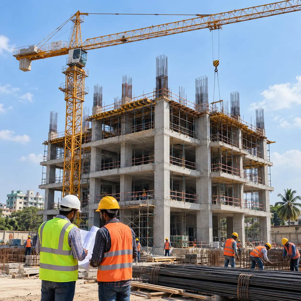 Construction team reviewing plans on a building site in Tamil Nadu.