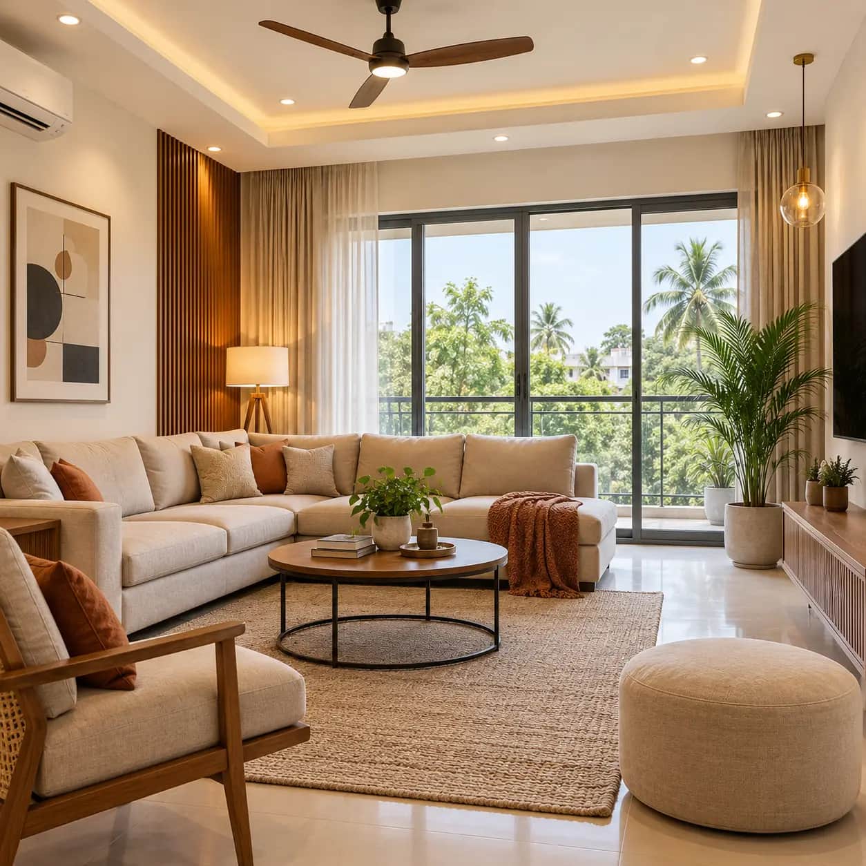 Finished living room interior with fitted furniture and styled lighting.