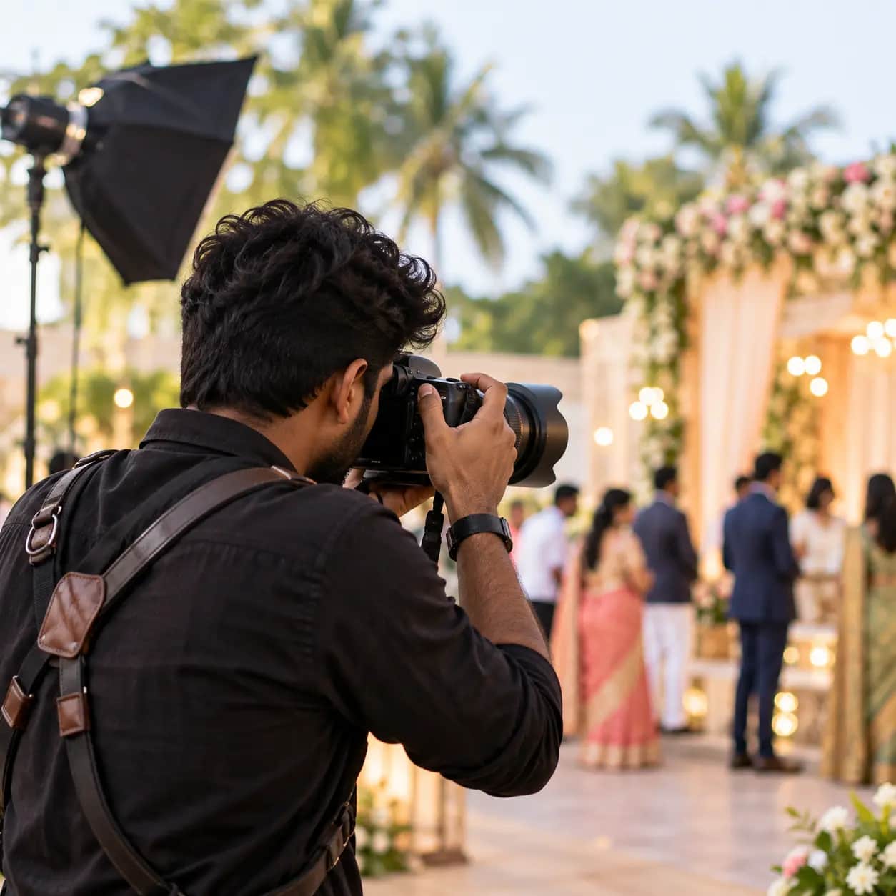Photographer shooting a wedding ceremony with a professional camera.