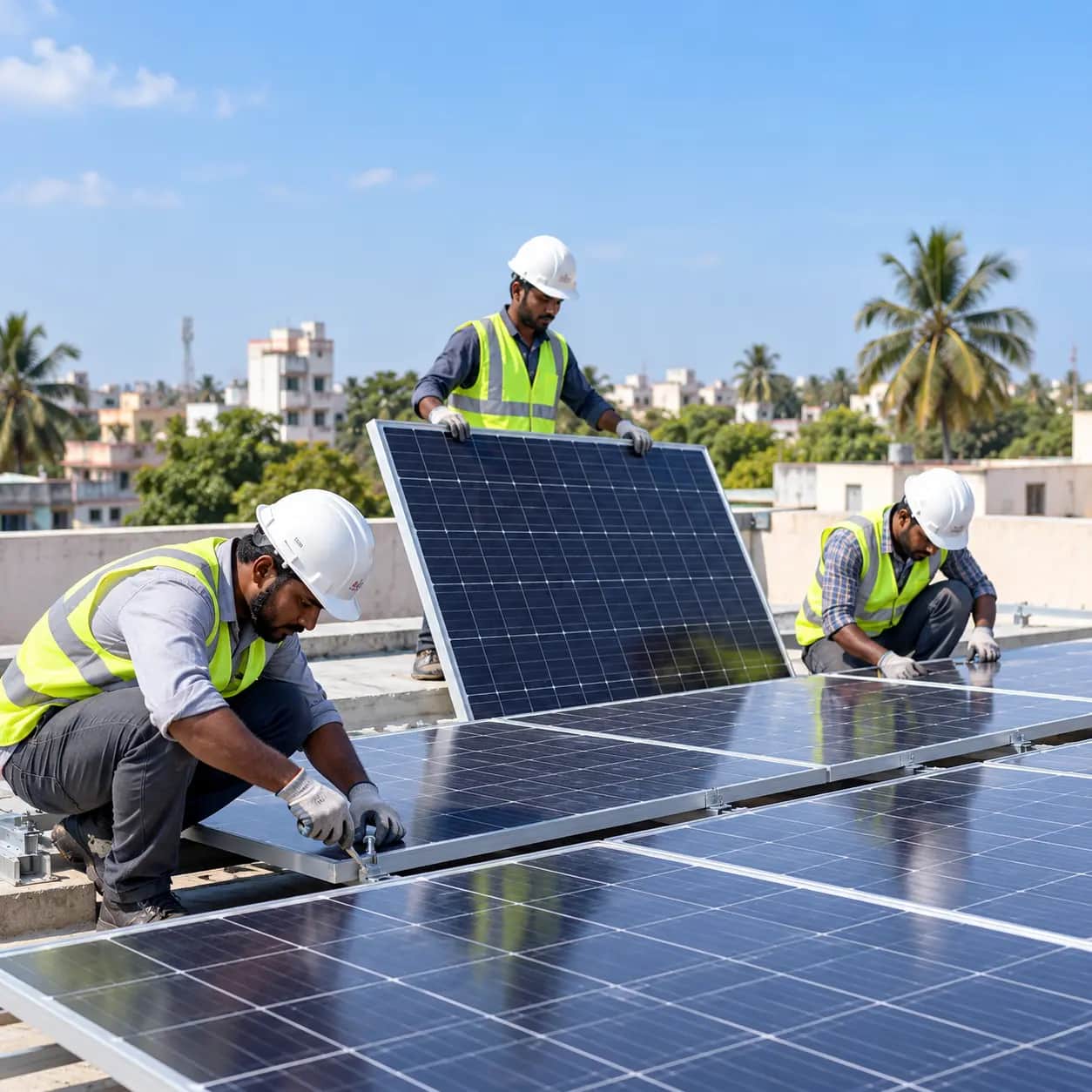 Technician installing solar panels on a rooftop.